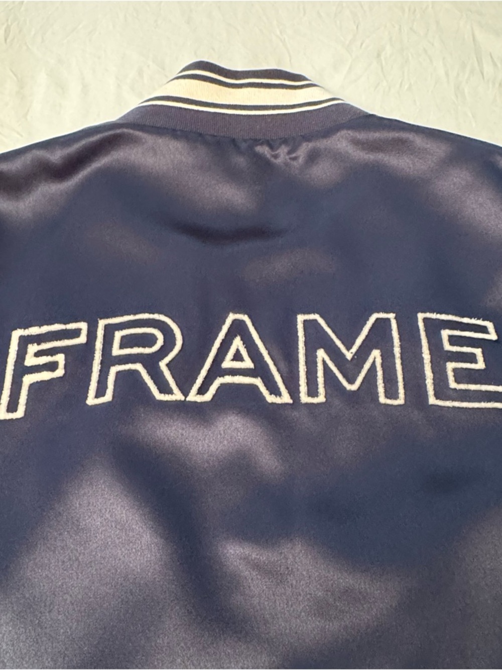 FRAME Men’s Varsity Style Satin Jacket Size Large Full Zip Pockets Summer Navy